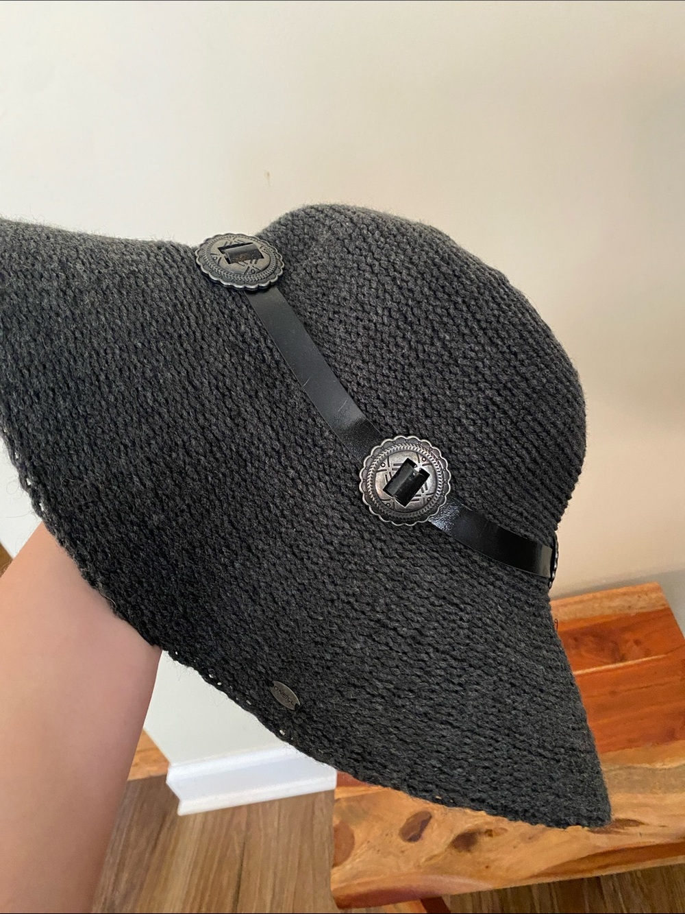 O'Neill Black Wide-Brim Straw-Style knit Sun Hat with Decorative Conchos